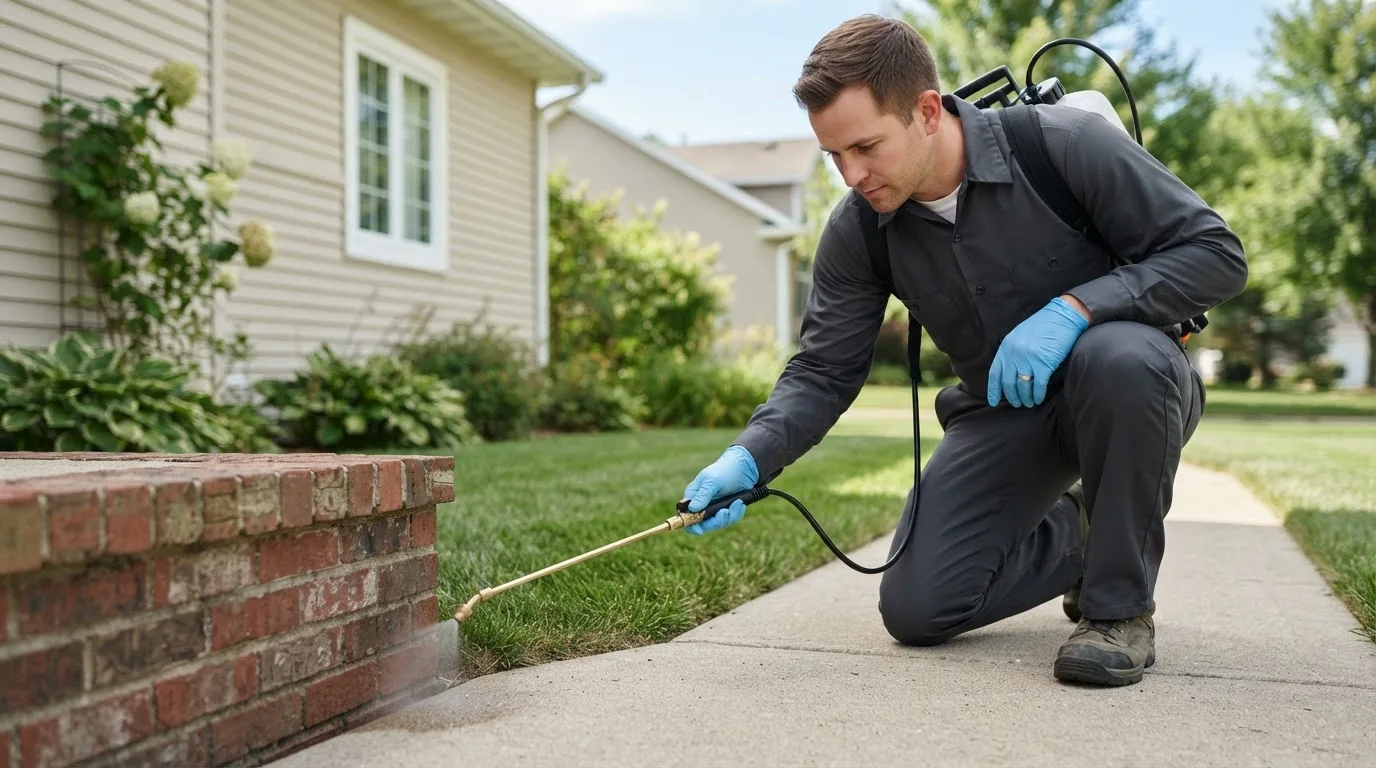 Pest control technician treating a home near Golden, OK