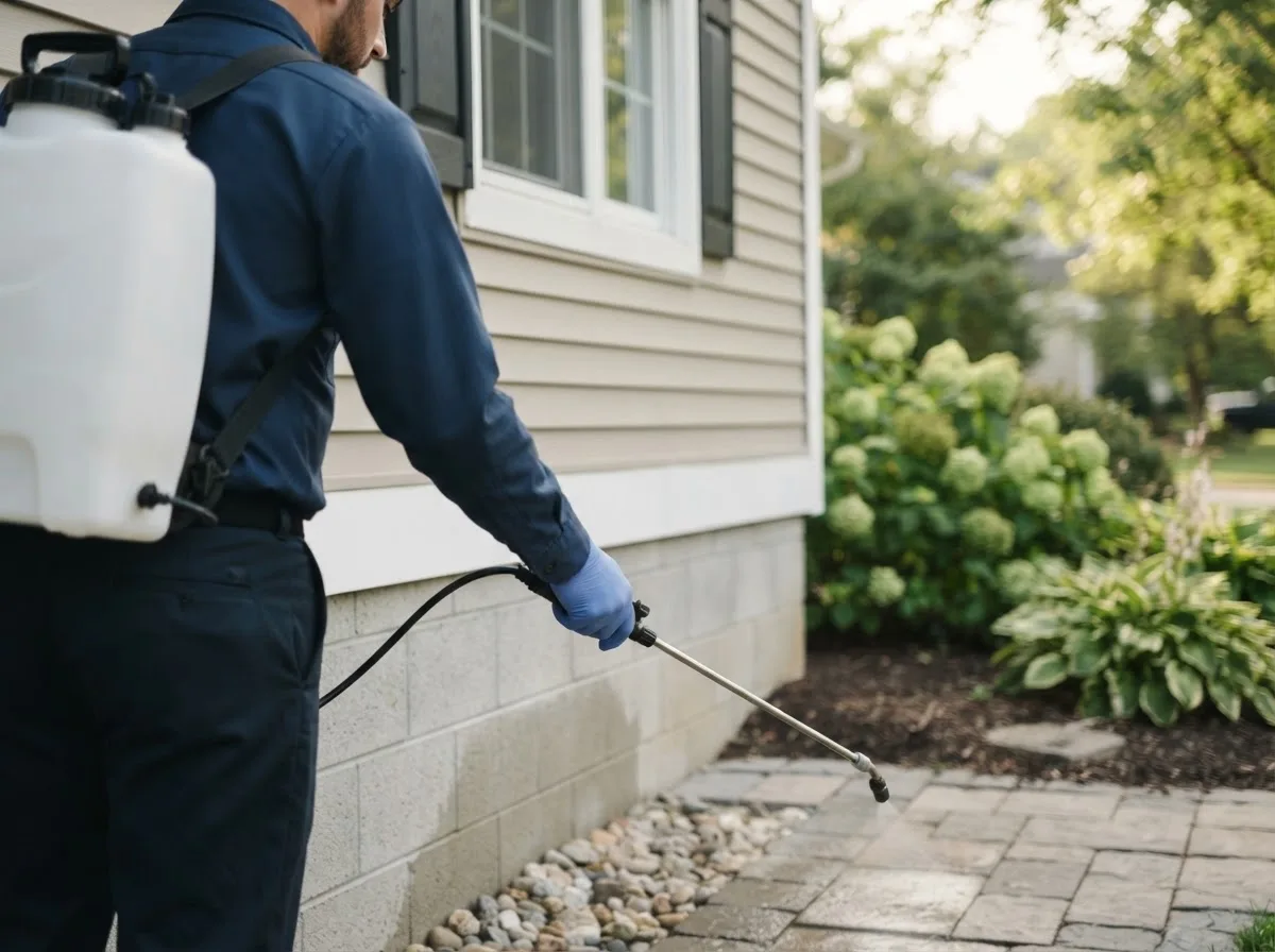 Pest control technician inspecting a home in Golden, OK